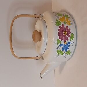 Vintage Floral MCM White Enamel And Wood Teapot/Kettle